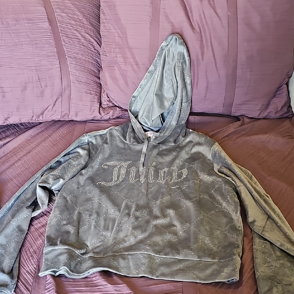 Juicy Couture Silver Gray Velour Crop Hooded Pullover with Rhinestone Logo